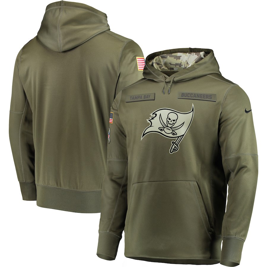 Men's Tampa Bay Buccaneers 2018 Olive Salute to Service Sideline Therma Performance Pullover Stitched NFL Hoodie